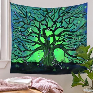 Detail of bohemian tree of life tapestry with psychedelic glow on white wall