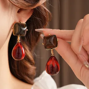 Vintage Maillard style square resin earrings with translucent burgundy waterdrop pendants