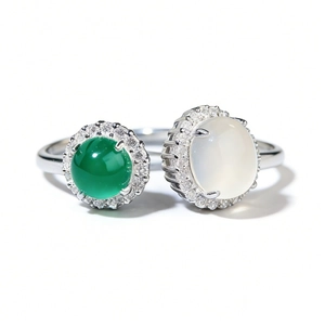 S925 silver ring featuring green chalcedony and white moonstone dual gemstones
