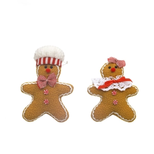 Pair of plush gingerbread man Christmas tree ornaments with festive red and white details