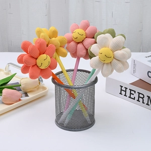 Sunflower Gel Pen Cute Smiley Face Flower Corduroy Plush Decorative Writing Pens Candy Color Stationery Gift For Students