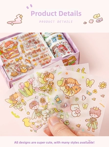 Detail of cute cartoon sticker set with matte translucent texture and floral bear patterns