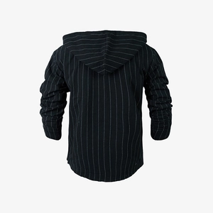Detail view of men's hooded casual shirt back design with vertical white stripes pattern