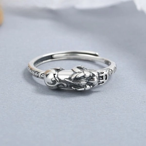 Macro detail of vintage 925 sterling silver PiXiu ring with intricate relief engraving