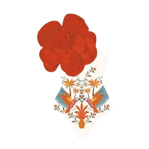 One-piece white swimsuit with tropical bird print and 3D red shoulder flower detail