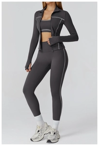 Detailed charcoal grey yoga set showing contrast stitching and thumbhole cuff sleeves