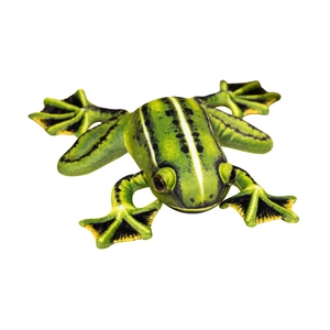 Realistic green frog plush toy with black spots in a lying posture on white background