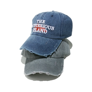 Distressed washed denim baseball caps with The Mysterious Island embroidery in two colors