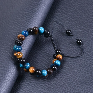 Men's double layer tiger eye stone beaded bracelet with adjustable black cord