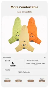 Detail view of quilted padded dog coats showing fabric specs and three vibrant colors