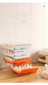 Three-tier stackable transparent egg storage drawer with orange and white trays