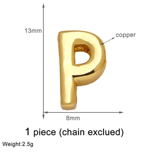 Detailed specs of 18k gold plated letter P copper charm pendant including size and weight