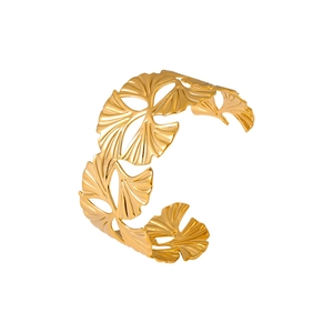 Gingko leaf hollow design 18k gold plated stainless steel open bangle bracelet