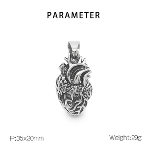 Detailed view of silver anatomical heart pendant with P:35x20mm and 29g specifications