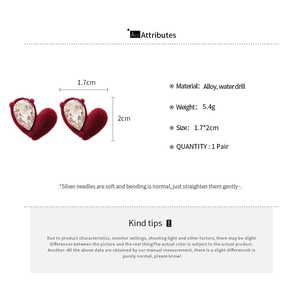Size and material details for red flocked heart earrings with teardrop rhinestones