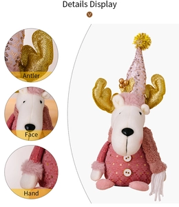Detail display of pink Christmas reindeer plush showing antlers, face, and knit sweater