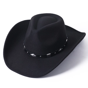 Chapeau de cowboy en feutre de laine noir avec rivets argentés et bord large