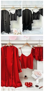 Three-piece satin pajama set with robe, camisole and ruffle shorts in red and black colors