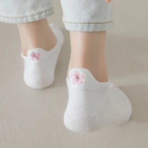 White cotton ankle socks featuring delicate pink cherry blossom embroidery on the heel
