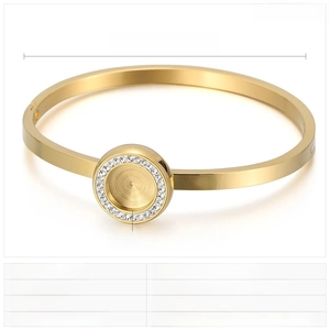 Detailed view of gold stainless steel DIY bangle with 17mm rhinestone tray and dimensions