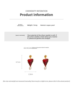 Detailed view of red heart earrings with white pearl pendants and silver needle specification