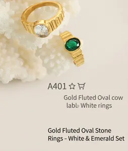 Detail of gold-plated striped rings featuring oval white and green zircon stones