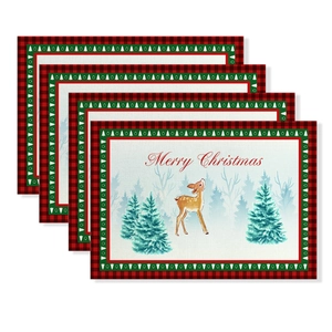 Set of 4 Christmas placemats with reindeer and red plaid border for dining table decor