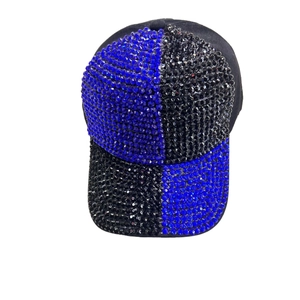 Fashion baseball cap featuring blue and black rhinestone patchwork on black fabric