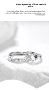 Detail of 925 silver sun and moon couple rings with blue stone and star engravings