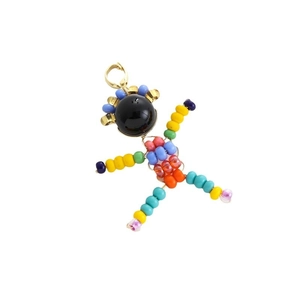 Handmade colorful beaded stickman pendant with a gold lobster clasp on white background