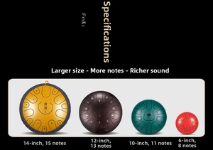 Comparison of steel tongue drum sizes from 6 to 14 inches with 8 to 15 notes scales