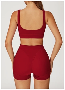 Vista posteriore del set reggiseno sportivo yoga senza cuciture e pantaloncini a vita alta