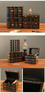 Detail view of vintage book-shaped storage boxes with classic literature titles and metal hinges