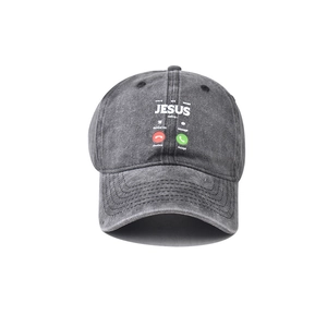 Washed grey cotton baseball cap with creative Jesus is calling graphic and vintage look