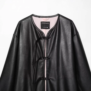 Chic black faux leather jacket with traditional Chinese frog buttons and drop shoulders