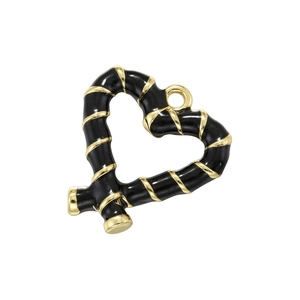 Black enamel heart pendant with golden twisted edge and hanging ring on white background