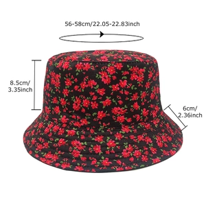 Floral bucket hat with dimension guide featuring red small flowers on black fabric