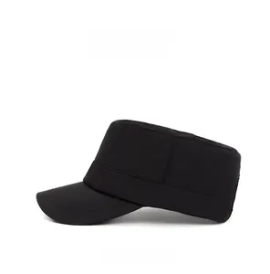 Detailed side view of black quick-dry flat top cap showing fine decorative stitching