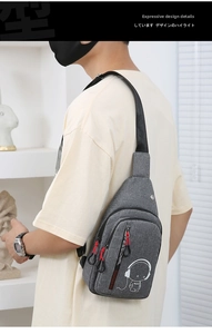 Detailed back view of a grey nylon crossbody chest bag with sports character print
