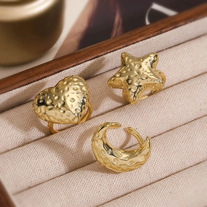 Vintage 18K Gold Plated Copper Hammered Open Rings For Women Moon Star Heart Adjustable Individual Texture Finger Jewelry