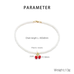 Detailed parameter display of red cherry resin pendant and white pearl choker necklace