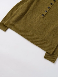 Detail of olive green knit sweater featuring buttoned half-placket and ribbed texture