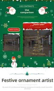 Detail of gold Christmas tree window sticker with Merry Christmas text on glass panels