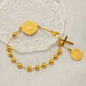 Gold stainless steel beaded bracelet with cross pendant and religious saint medals