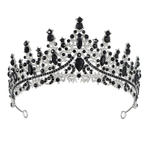 Luxury gothic bridal tiara featuring black rhinestones and silver alloy in a symmetrical design