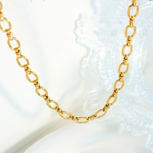 French vintage style gold linked chain necklace in titanium steel on white background