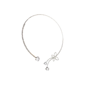 Silver collar necklace with crystal butterfly tassel and teardrop pendant on white background