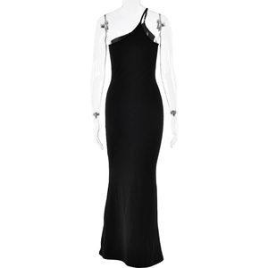 Elegant black one-shoulder long dress with bodycon fit shown on a transparent mannequin