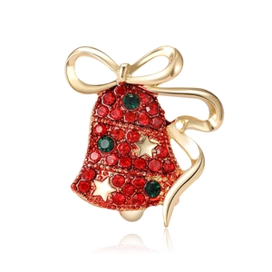 Christmas bell brooch with gold finish, red and green rhinestones for coats and suits
