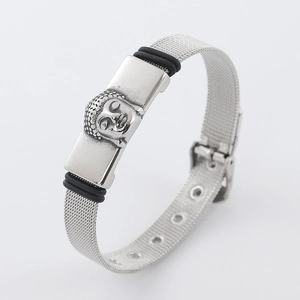 Stainless Steel Mesh Watchband Bracelet With Buddha Head Relief Vintage Adjustable Style Retro Jewelry Unisex